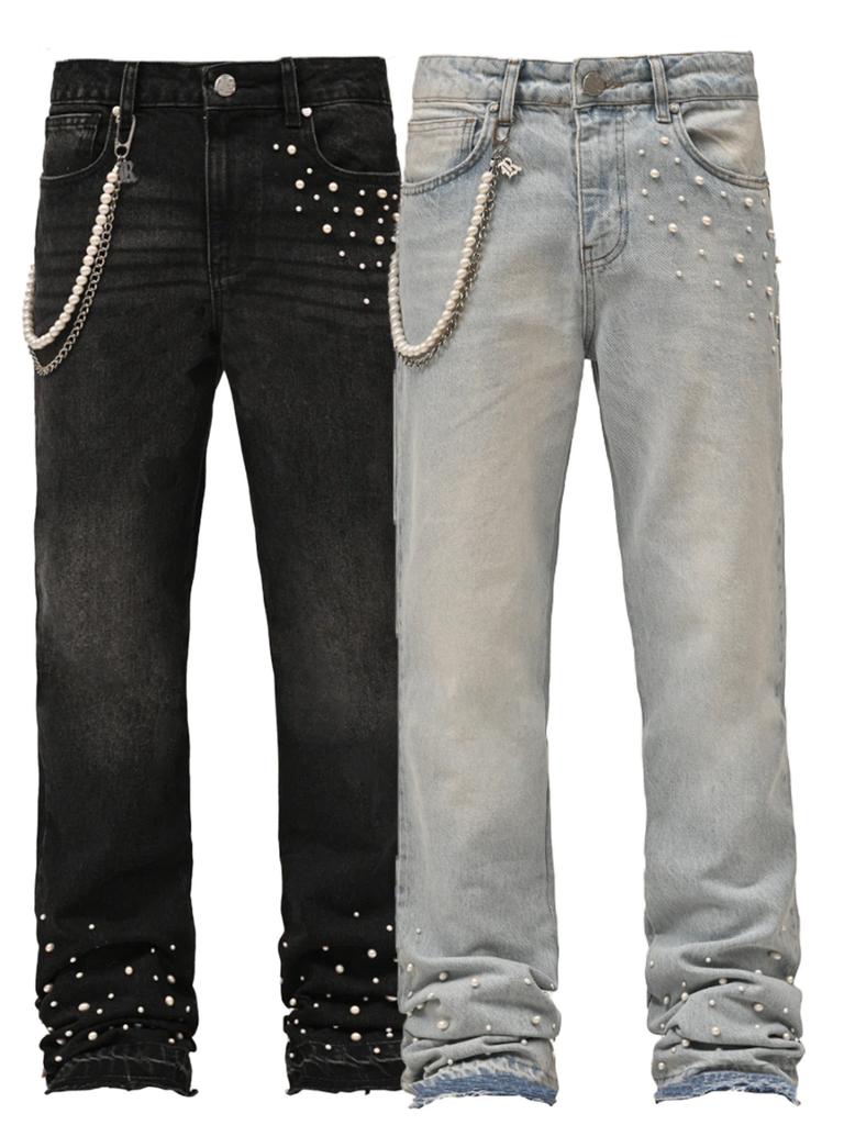 DRIPX Vaqueros Americanos Retro Nuevos Perlas Apiladas Hombre Pierna Recta Denim Elástico Pantalones Ropa de Moda Nueva para Hombre
