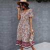 Women Dress Short Sleeve High Waist Spring Summer Bohemian Print V Neck S-XL