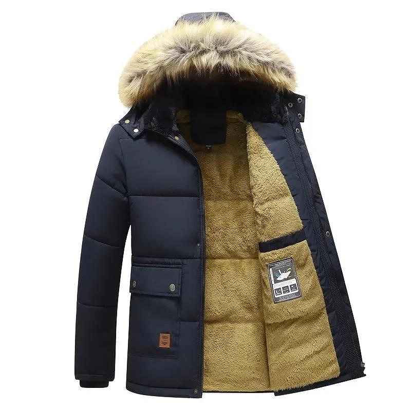 Men Winter Parka Fleece Lined Thick Warm Hooded Collar Coat Male Plush Jacket Autumn Work Out Wearing Black