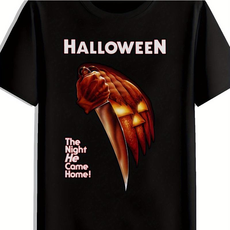 Men's Halloween Pattern T-Shirt - Scary Pumpkin with Knife Design, Striking Red Text, Black Casual Short Sleeve Crew Neck