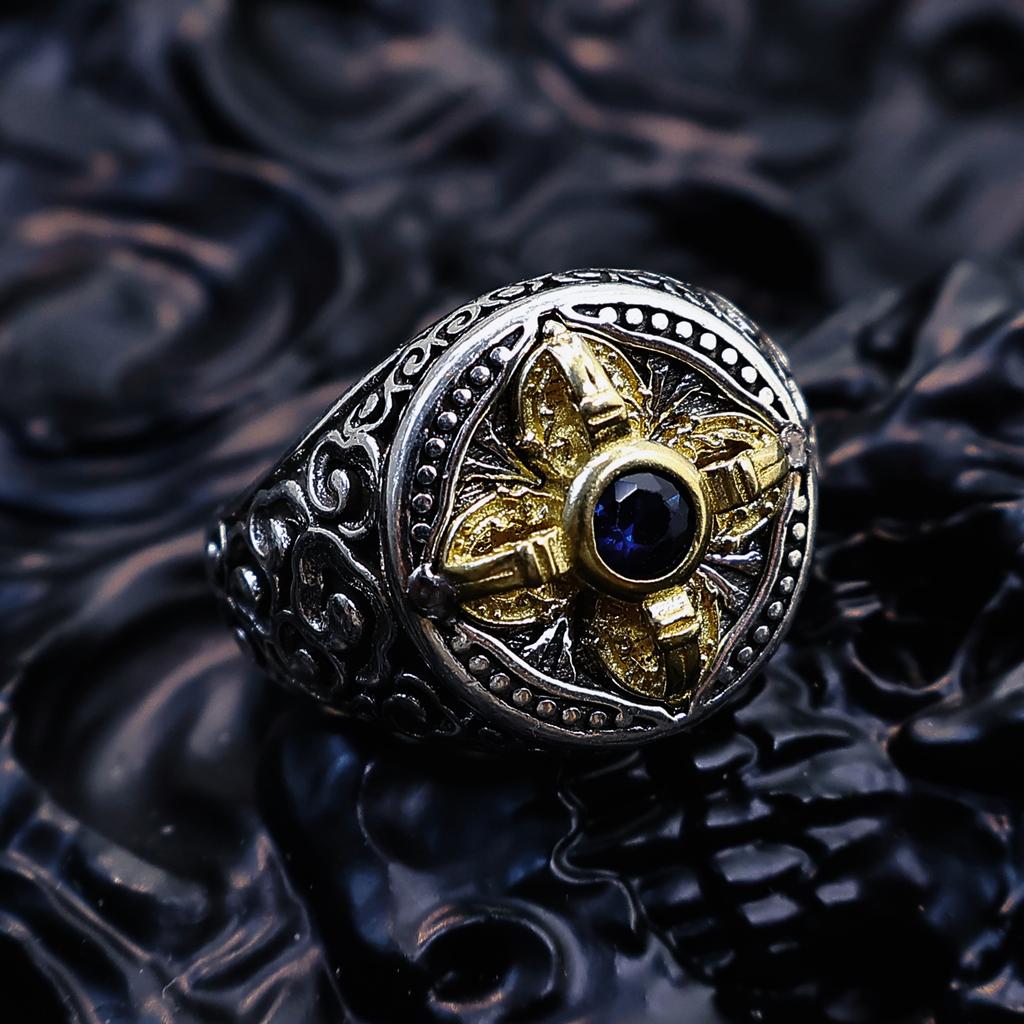 Retro Golden Vajra Adjustable Open Ring For Men Silver-plated Copper Gothic Punk Edgy Jewelry Tibetan Accessories Blessing Gift