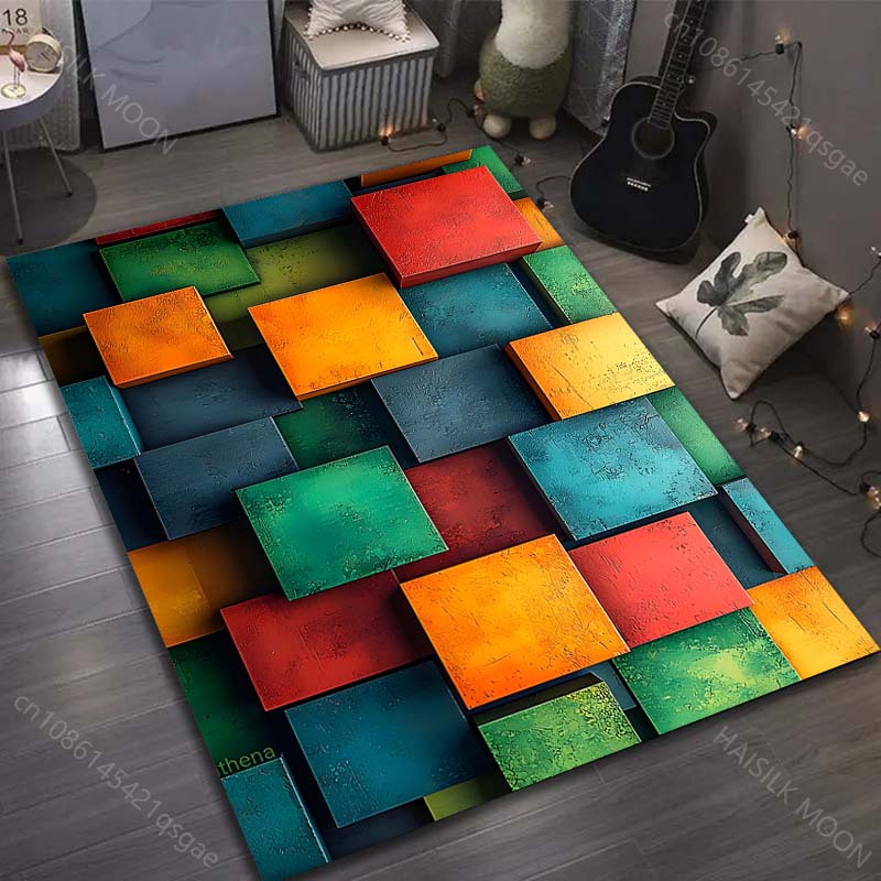 3D Farbwürfel Kunstmuster Teppich für Wohnzimmer Schlafzimmer Bettseite Sofa Bodenmatte Modernes Wohndekor Bereichsteppich Große Größe