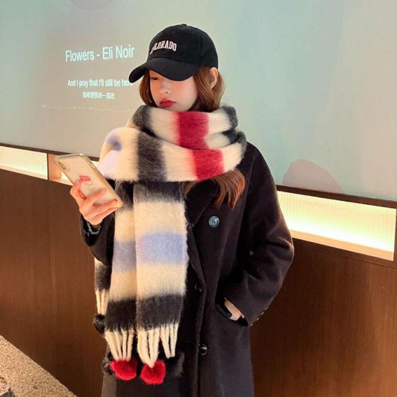 Dopamine Mohair Student Scarf Women's Autumn and Winter Trend Rainbow Striped Scarf Fur Ball To Keep Warm