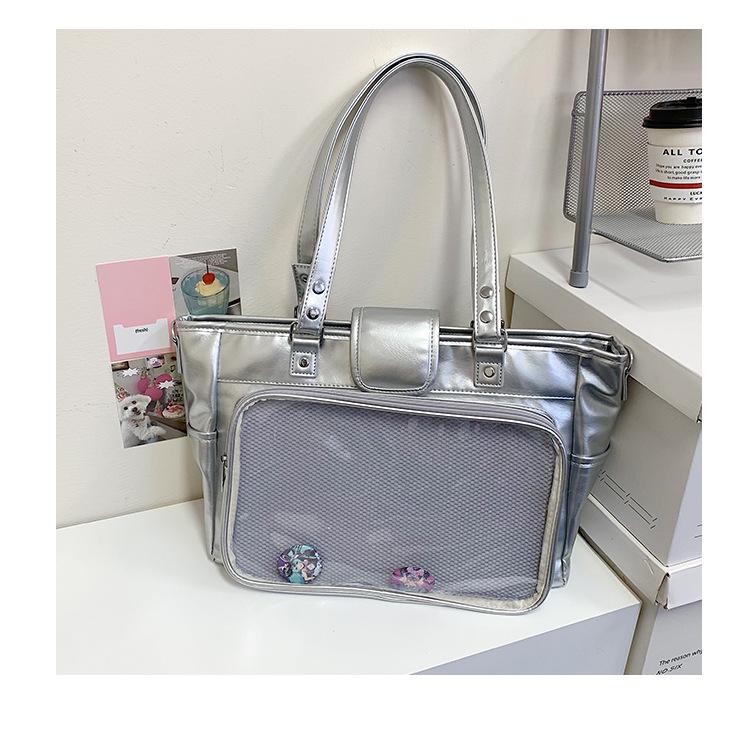 Japanese-Style Large Capacity Transparent PU Multi-Use Backpack, Crossbody & Handbag with Anime Badge