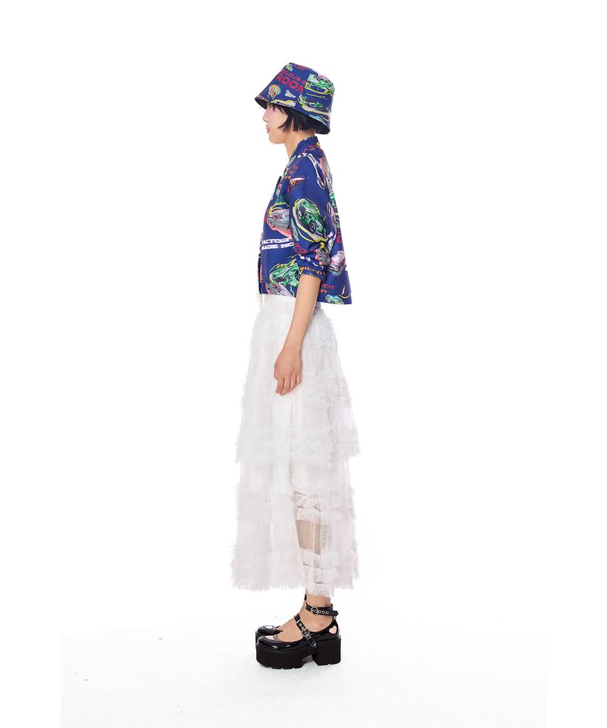 Greedius Sheer Ruffle Lace Maxi Skirt