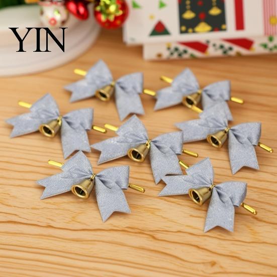 Decorative Bows with Bells 2 Pcs Christmas Bell, 4 Inch Glitter Ribbon Bows, Pre Tied Hanging Holiday Ornaments Xmas for Gift Wrapping, Wreath, Tree,