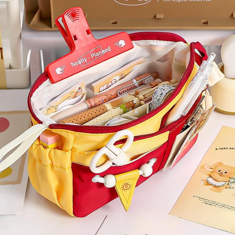 Cartoon Bear Retro Burger Color Blocked Pencil Bag Multi Functional Cute High Beauty Large Capacity Stationery Box Pencil Bag