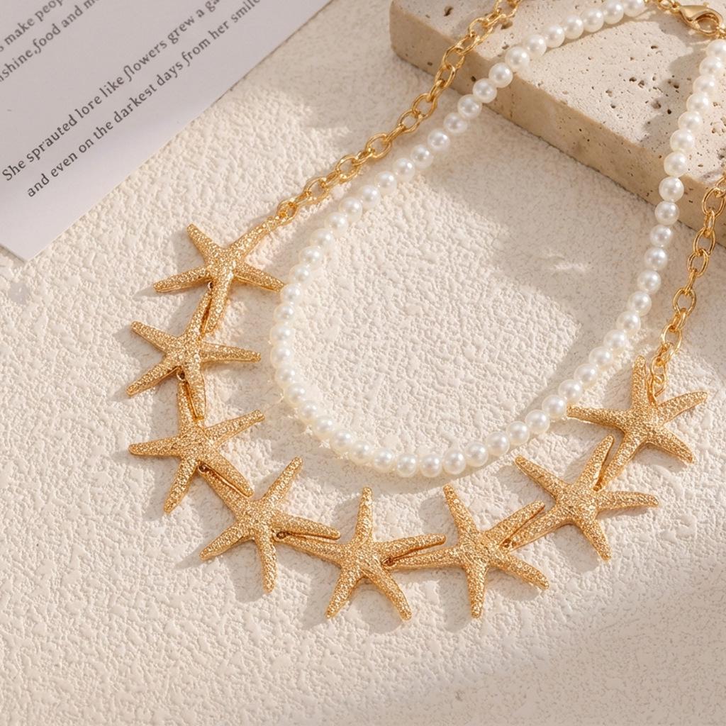 Vintage Frosted Starfish Pearl Double Layer Necklace