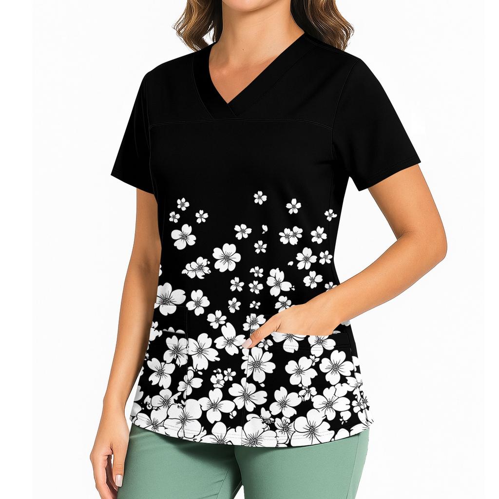 Women's Casual Printed V-Neck Pocket Side Slit Short Sleeved Top Short Sleeved Top