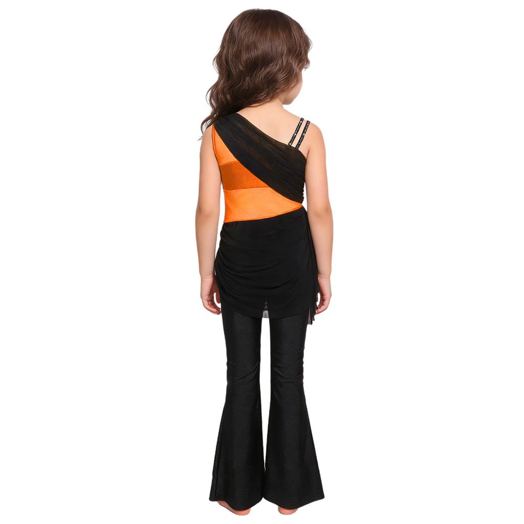 Girls Color Block Dance Jumpsuit Glittery Rhinestones Mesh Ruched Overlay Asymmetrical Bell Bottom Bodysuit