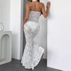 Women's Sexy Solid Color Halter Neck Hollow Out Sheer Lace Slim Fit Mermaid Maxi Evening Party Dress