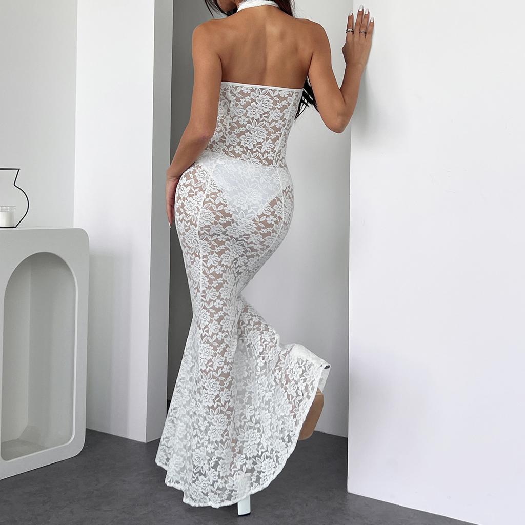 Women's Sexy Solid Color Halter Neck Hollow Out Sheer Lace Slim Fit Mermaid Maxi Evening Party Dress