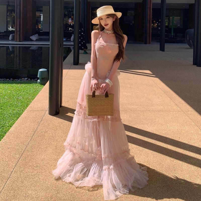 Gentle French Romantic One-word Shoulder Tube Top Long Dress Temperament Advanced Sense Good-looking Beautiful Dress Summer