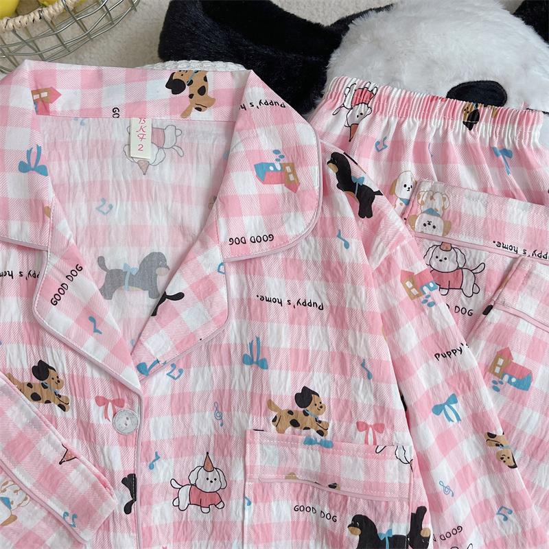 Cartoon Süß Niedlich Buchstaben Hunde Print Damen Pyjama Reverskragen Karomuster Koreanisches Design Pyjama Set für Damen Neue Frühling Nachtwäsche