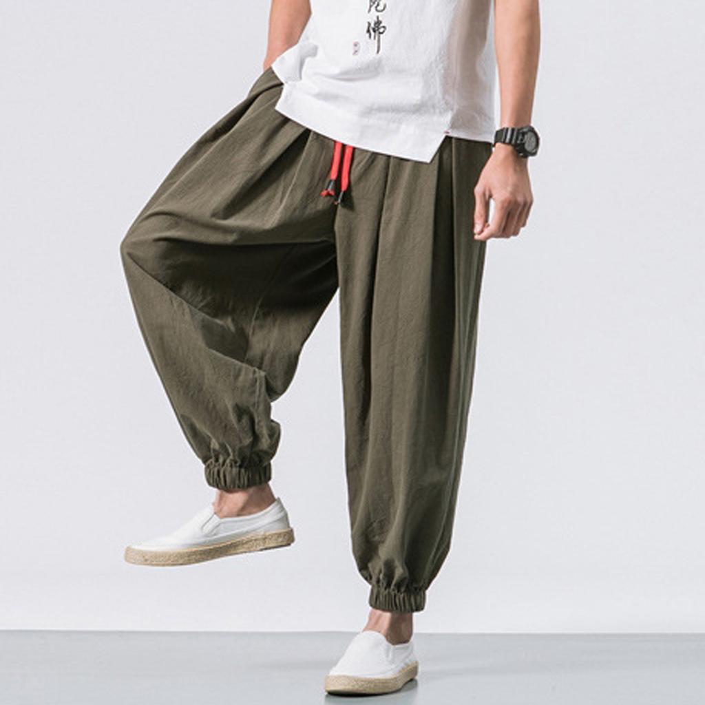 (Projector)Men's Fashion Cotton Linen Casual Pants Loose Wide Legs Elastic Leggings