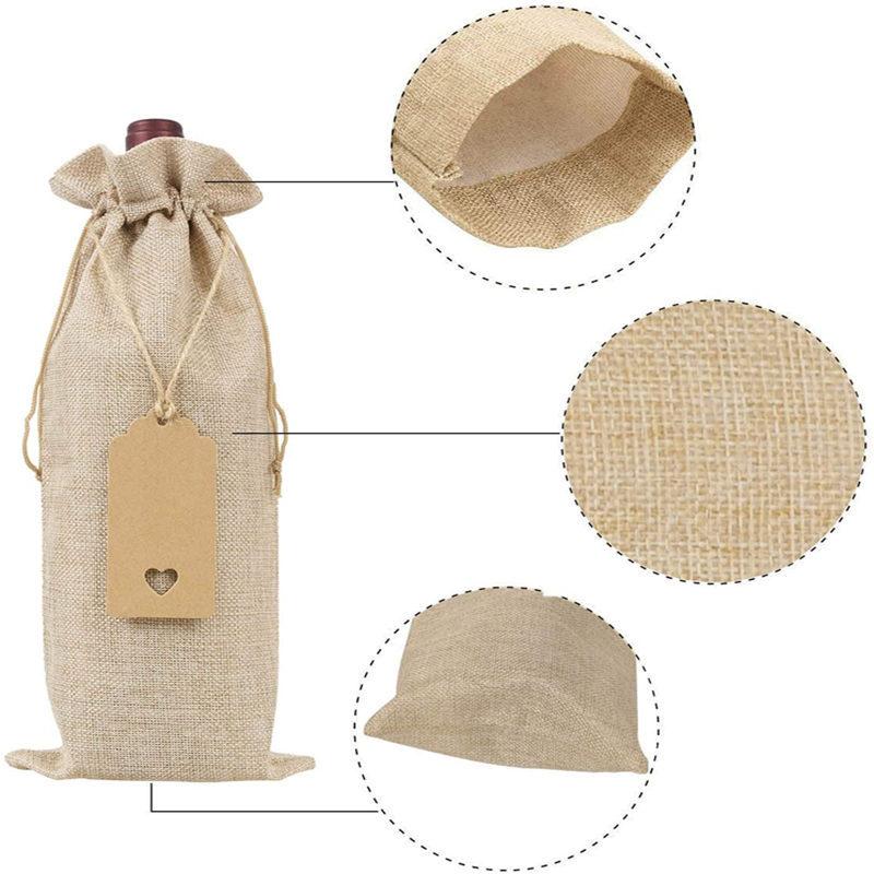 12 Sets Christmas Red Wine Bottle Covers Party Gift Bag Drawstring Bag Champagne Bottle Wrapping Bags with Linen Rope Tags