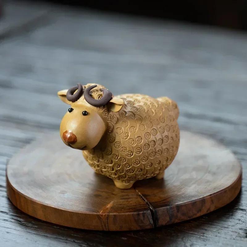 Chinese Yixing Purple Clay Tea Pet Lucky Sheep Statue Tea Figurine Ornaments Handmade Sculpture Crafts Home Tea Set Decoration