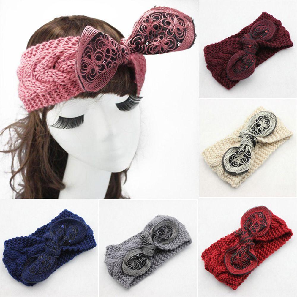 Vintage Flower Women Girl Bow Knot Headband Turban Crochet Knit Hairband Rabbit Ears Headwrap