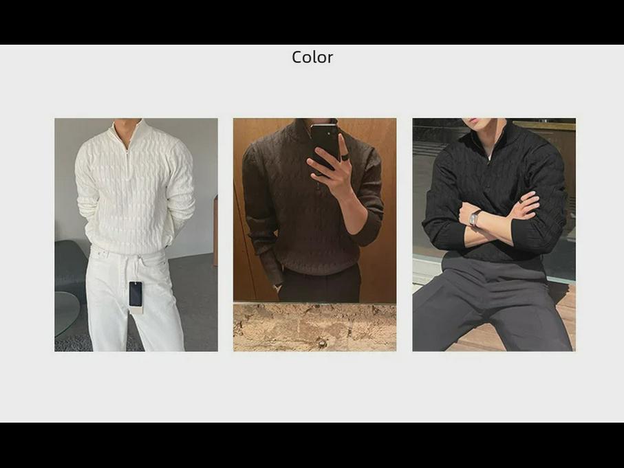 Men's High-End White Half-Turtleneck Zipper Knit Pullover Sweater, Fashionable and Versatile Long-Sleeved Jacket