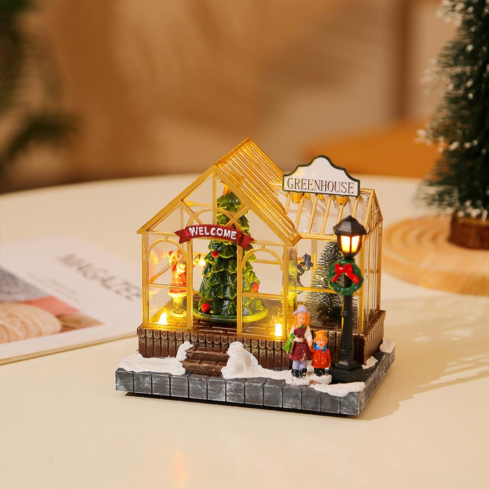 Christmas Scene Village House Ornament with LED Lights Christmas Decorations Resin Greenhouse Christmas Gift Home Decoration