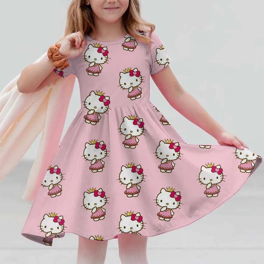 New Summer Dress Fashion Cartoon Cute Hello Kitty 3D Print Dresses Kids Short Sleeve Princess Girls Party Children Clothes