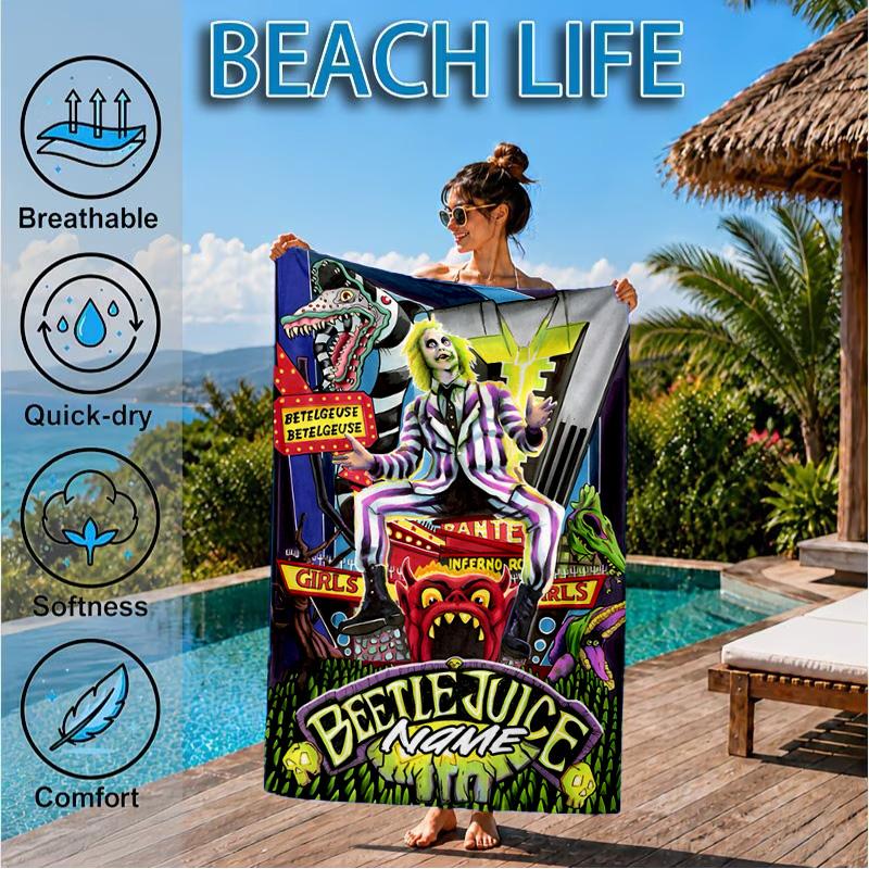 Custom Name Beetle-juice Movie Art Beach Towel Microfiber Beach Towel, Lightweight and Quick-Dry, for Summer Travel, Swimming Pool Gift