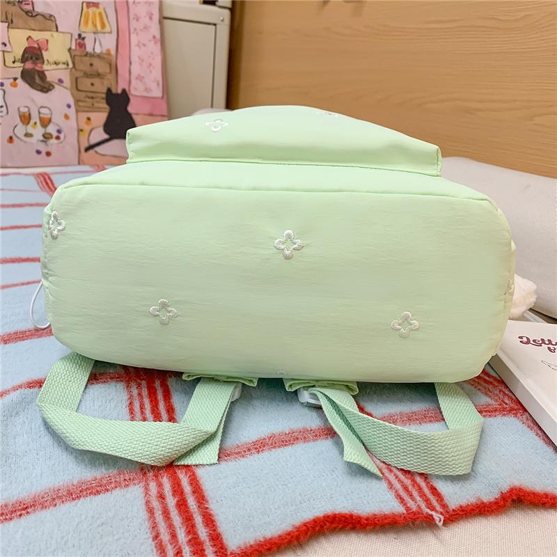 Cute Floral Embroidered Nylon Backpack for Women & Teens – Pastel Green Design with Multiple Pockets, Perfect for School and Daily Use