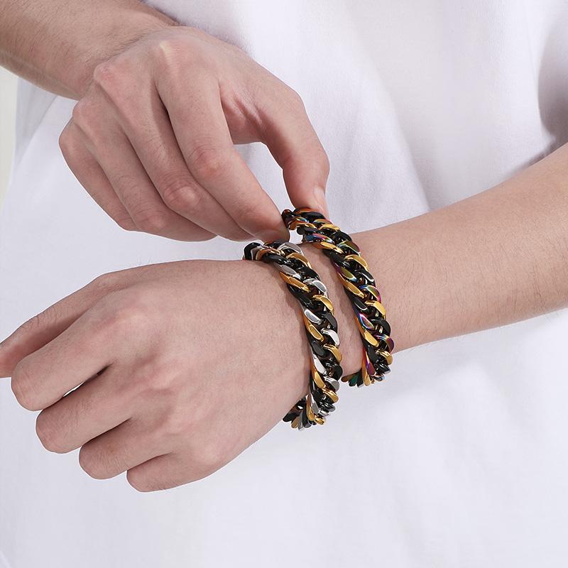 Kalen Hip Hop Colorful Cuban Chain Bracelet for Men Hight Quality Thick Stainless Steel Jewelry 13MM Chunky Trendy Accessories