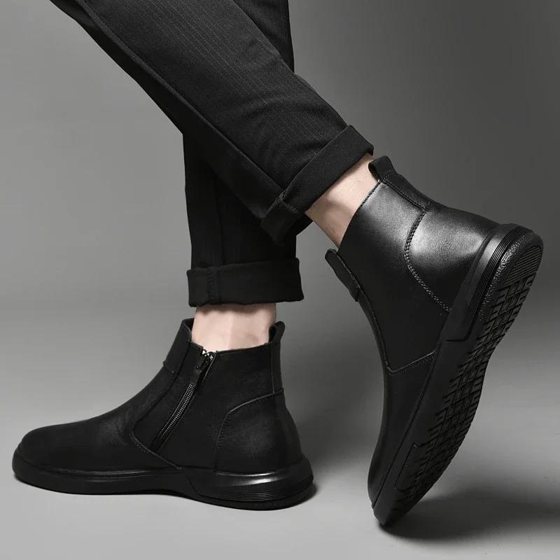 Men's Shoes 2024 Hot Sale Zipper Men's Boots Winter Round Toe Solid Plush Warm Comfortable Short Barrel Low-heeled Fashion Boots