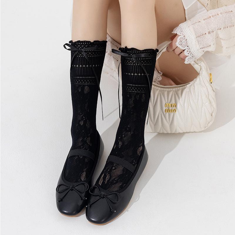 

Летние тонкие носки до середины икры, удобные и дышащие. Кружевные вырезы, черно-белый бант, носки-гольфы в балетном стиле 1 pair чёрный
