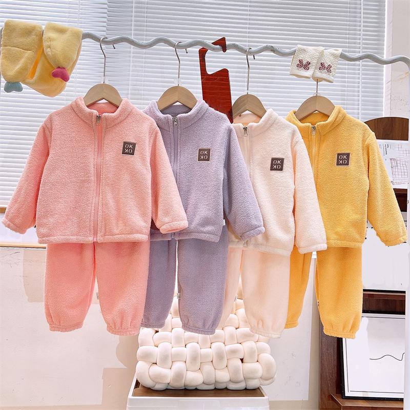 Plush Sets Children Autumn Winter Warm Fleece Suits Baby Thickened Cardigan Pants Outfits Boys Girls Homewear