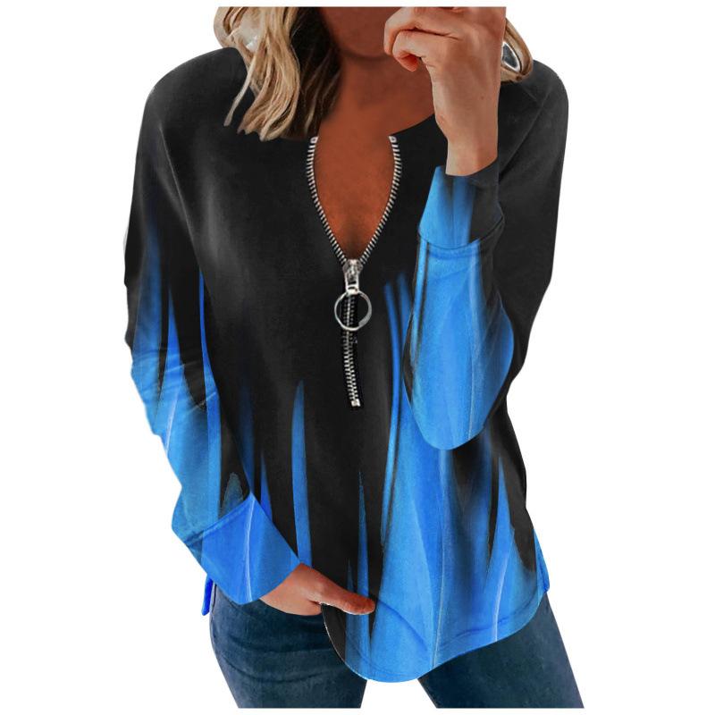 Women's Color Block Half Zip Long Sleeve Top Casual Printed V Neck Sweatshirt