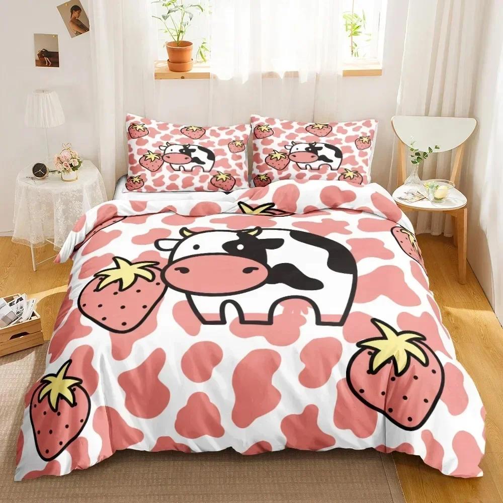 Niedlicher Kuhdruck Bettbezug Queen Kawaii Hochlandkuh Bettwäscheset Bettbezug Laken Bedruckter Kissenbezug Bett Voll Queen King Size