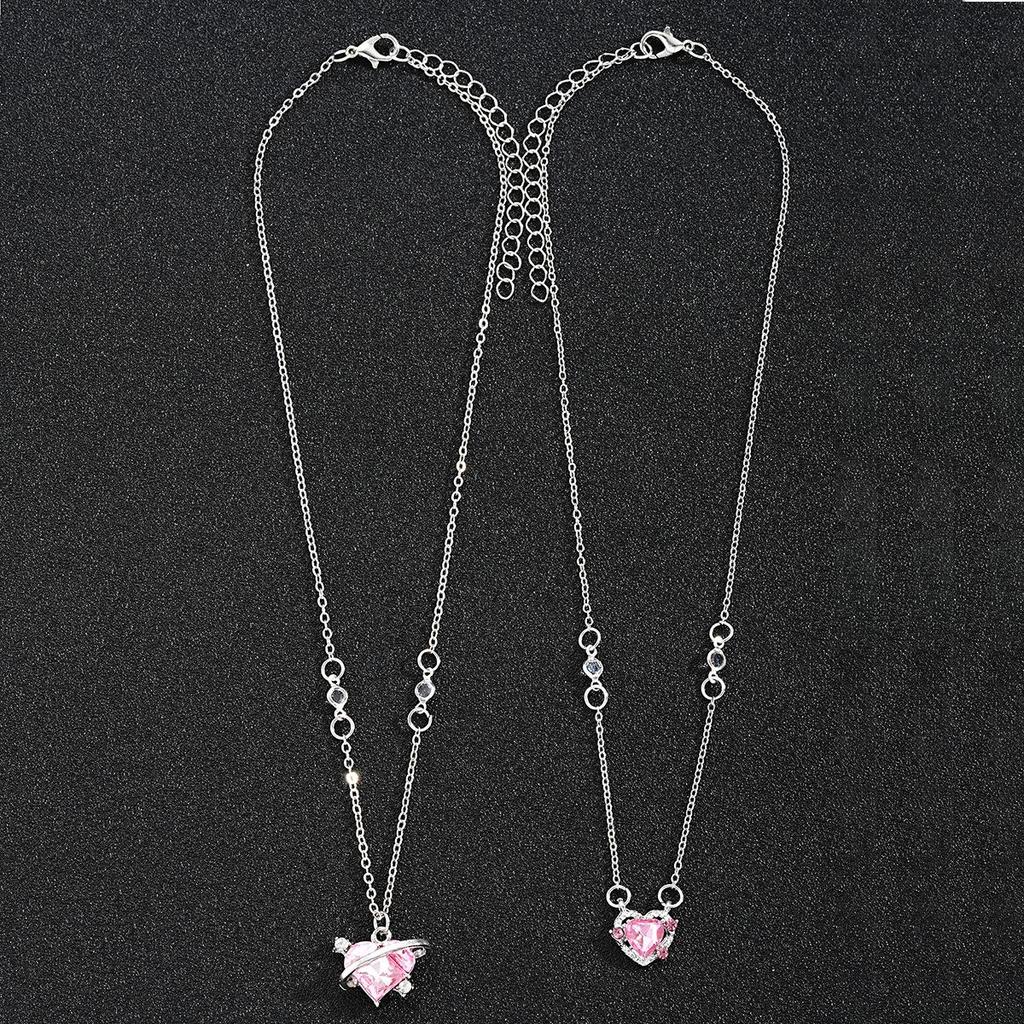 Pink Diamond Heart Necklace - Light Luxury Student Style with Sweet Girlish Charm and Angelic Planet Design