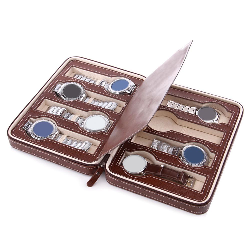

8 Grids Portable Watch Zipper Storage Bag Organizer Leather Watch Box Brown