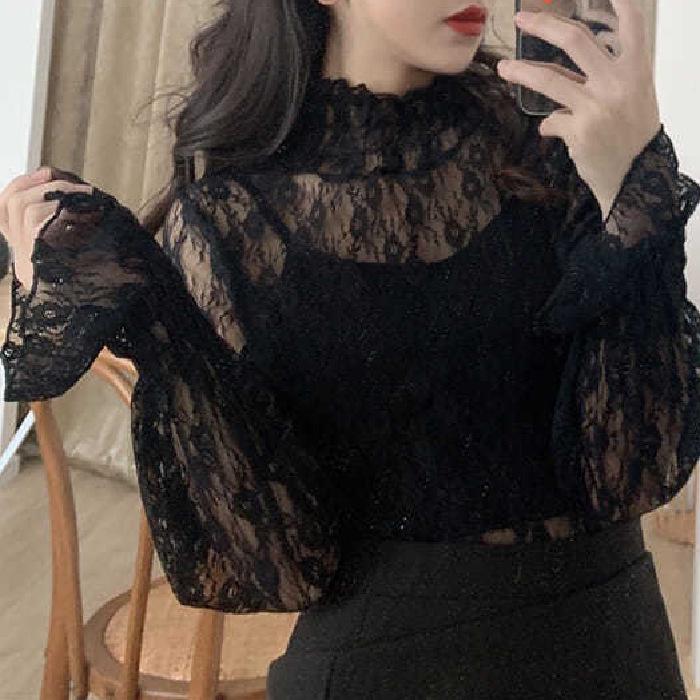 Black Long Sleeve Lace High Neck Mesh Top - Sexy Hollow-Out Fairy Chiffon Shirt for Women