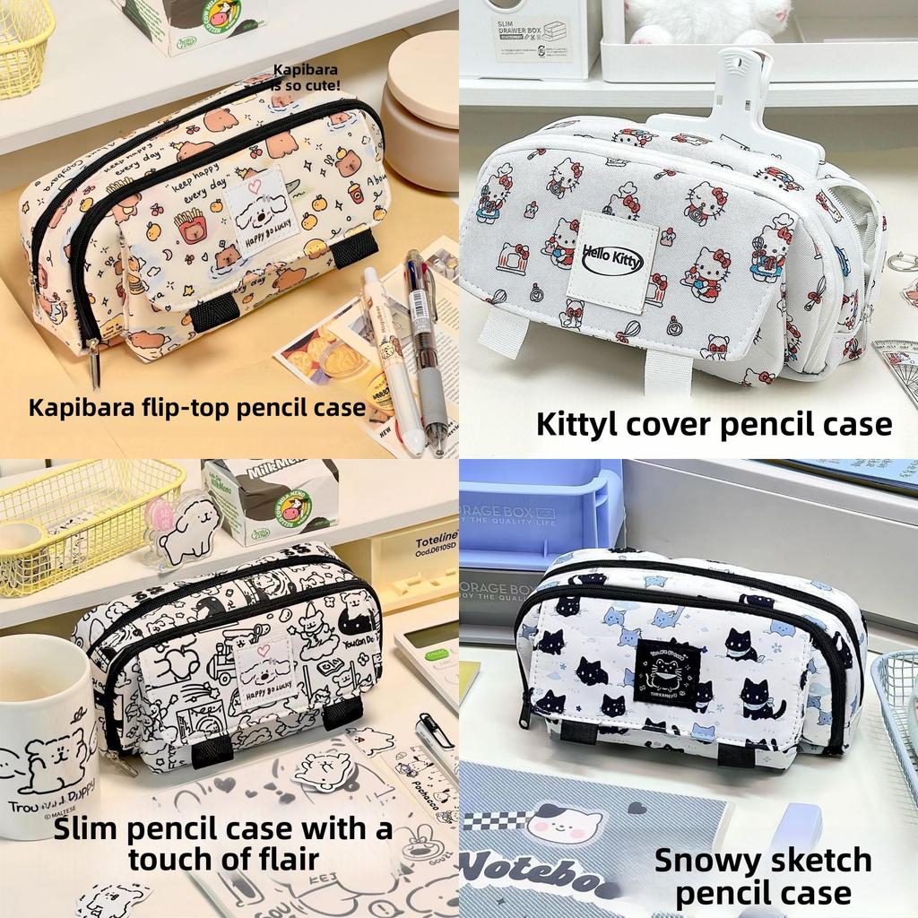 Hello Kitty And Capybara Canvas Storage Bag With Flip Cover For Stationery And Office Supplies