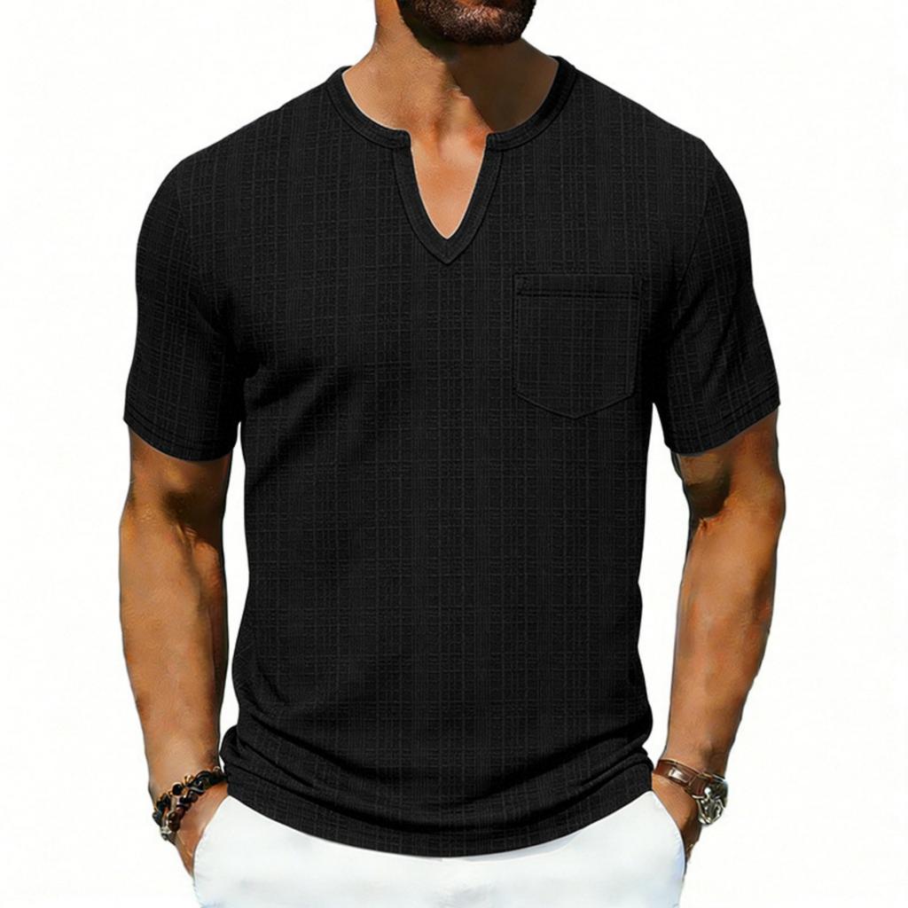 T-shirt décontracté à col en V et manches courtes pour homme avec poche poitrine en tissu léger et respirant pour un usage quotidien