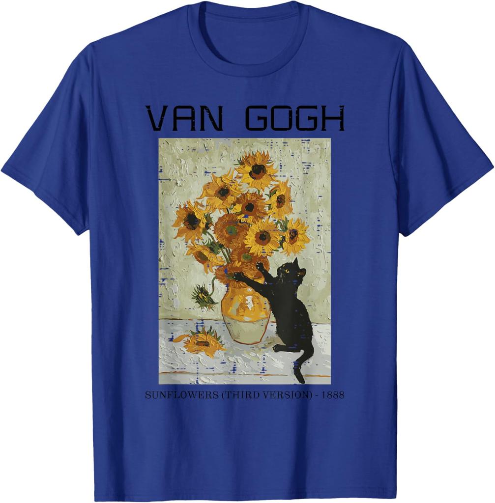 Van Gogh Sunflowers Cat Black Cat Art Graphic Tee Casual Short Sleeve TShirt for Men Women
