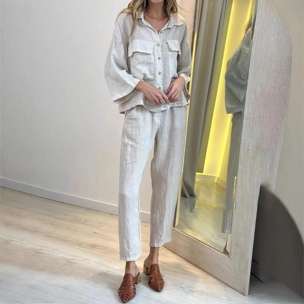 Summer New Women's Two-piece Shirt Set High-waisted Loose Nine-inch Pants