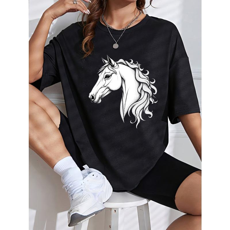 White T-Shirt With Horse Head Print For Casual Wear