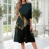 Women's Halloween Print Casual Fashion Round Neck Three Quarter Sleeve Mid Length Dress Comfortable Fit Soft Fabric Suitable for Daily Wear