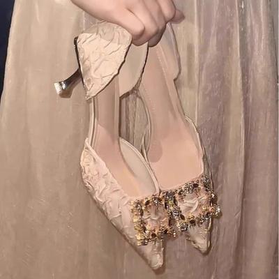 New Summer Crystal Buckle High Heels Women's Folded Pink Silk High Heels Water Diamond Wedding Shoes