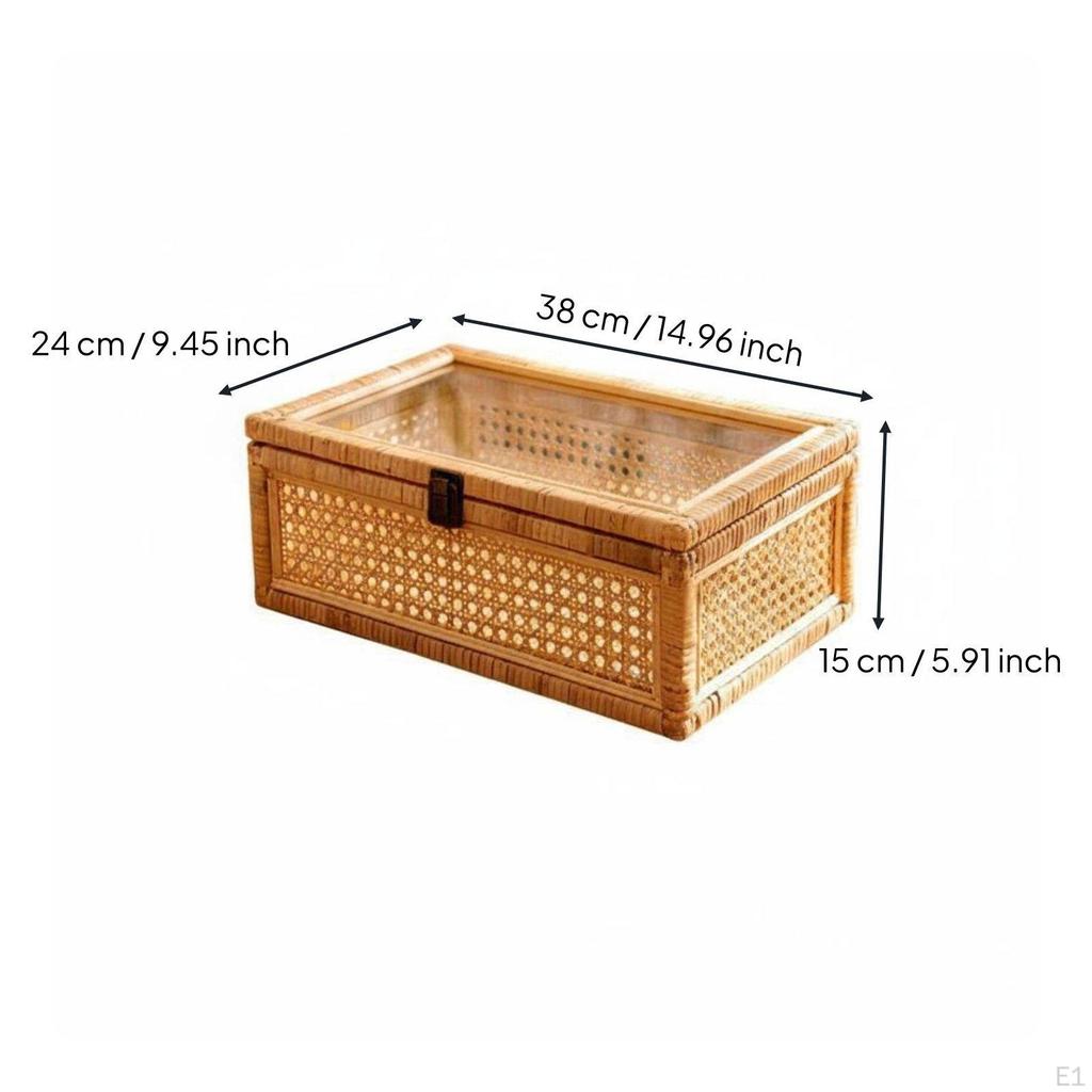 Rattan Storage Box with Clear Lid High Capacity Woven Cane Display for Desktop, Bedroom, Living