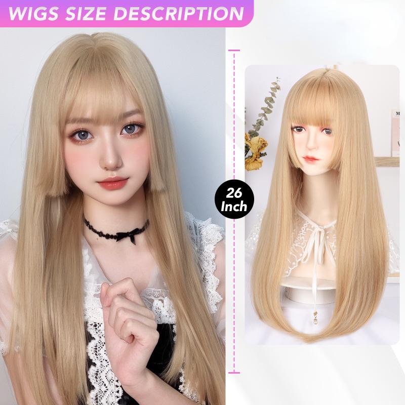 Gold Long Straight Wig Princess Bangs 26 Inch Fiber Synthetic Heat-resistant Sweet And Natural Party or Selfie For Women Korean Fashion