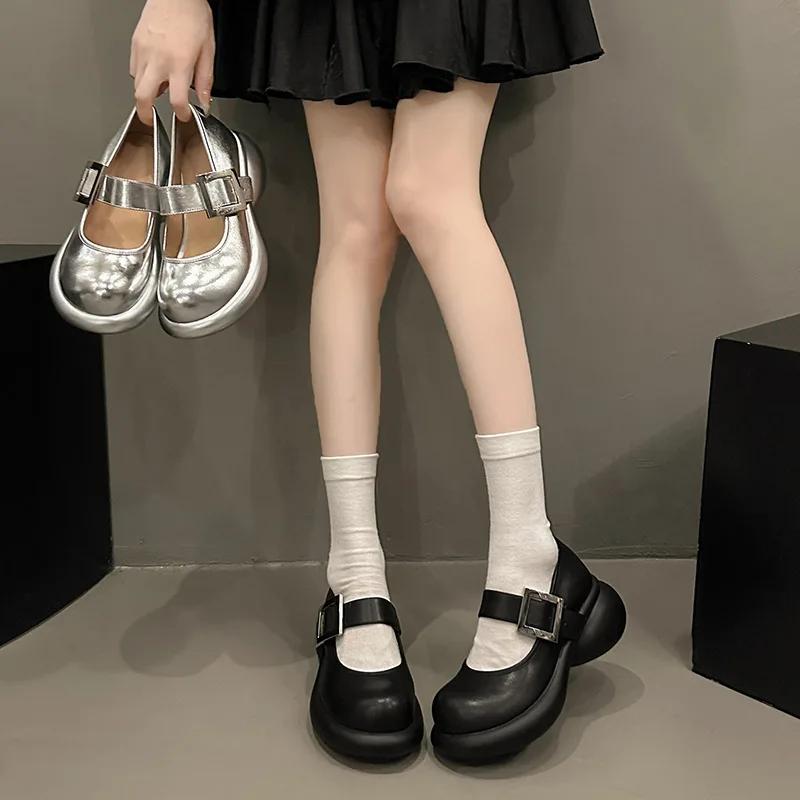 2024 Autumn New Women's Shoes Fashion Platform Block Heel Casual Shoes Walking Dancing Sneakers Luxury Leather Mary Jane Shoes
