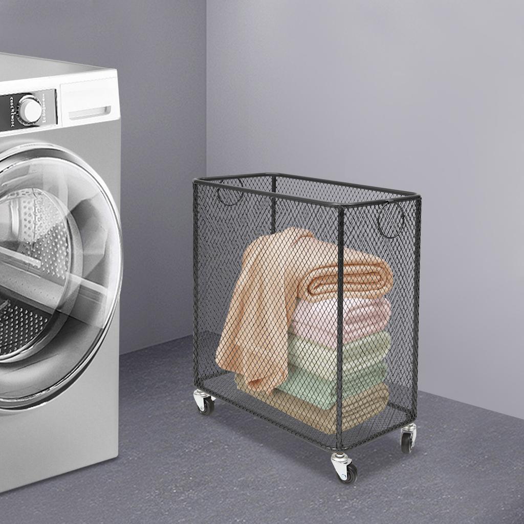 Rectangular Iron Rolling Laundry Basket,Black Laundry Basket with 4 Wheels,Iron Pipe 13mm Freestanding 43*23*45cm for Balcony