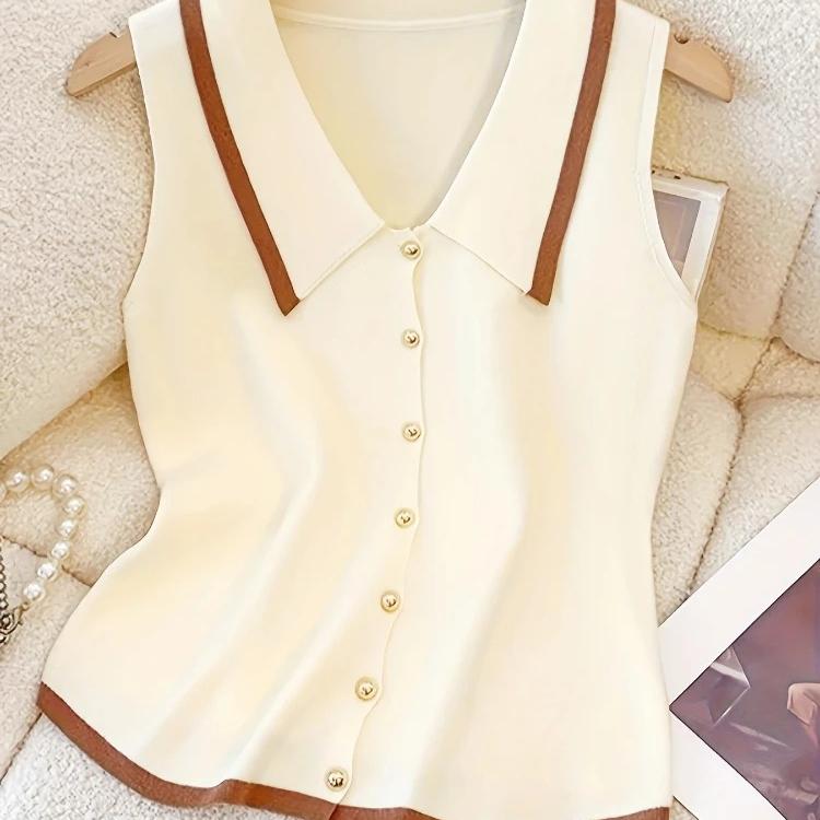 Polo Collar Knit Vest with Gold Button Contrast-Trim Sleeveless Button-Front Cardigan Vest Women Spring Summer Trendy