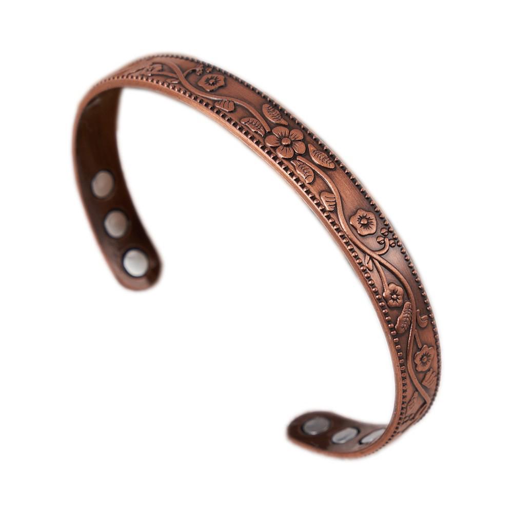 Plum Blossom Magnetic Bracelet Set: Vintage Flower Ring, Adjustable Unisex Red Copper