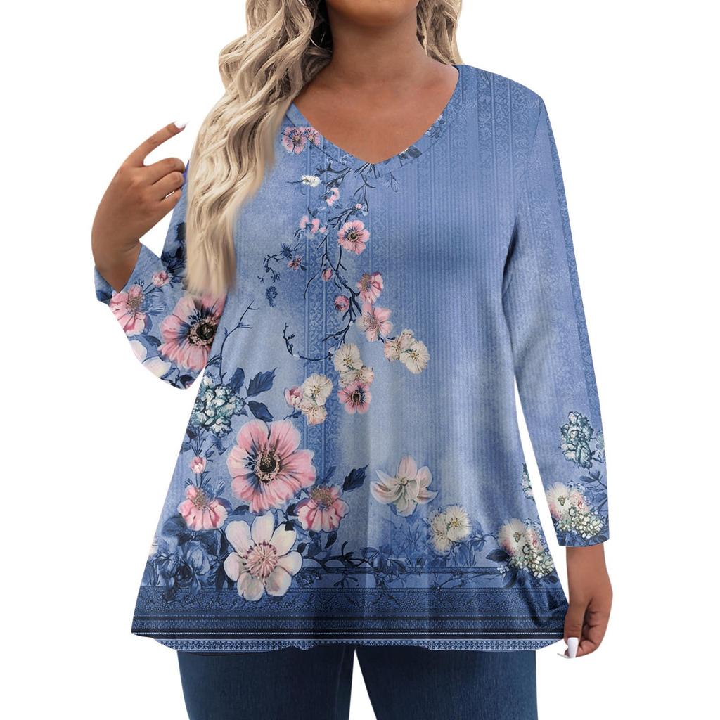 Modisches lässiges Langarm-Oberteil für Damen in Übergröße mit Blumenprint Übergröße Blumenprint-Oberteil